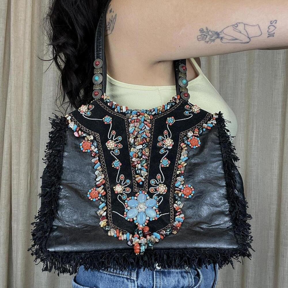Mary Frances Black Beaded Fringe Shoulder Bag